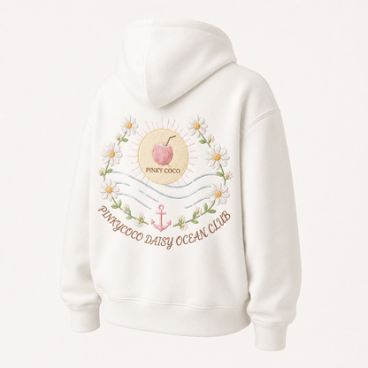 Back view of the PinkyCoco Daisy Ocean Club oversized fleece hoodie