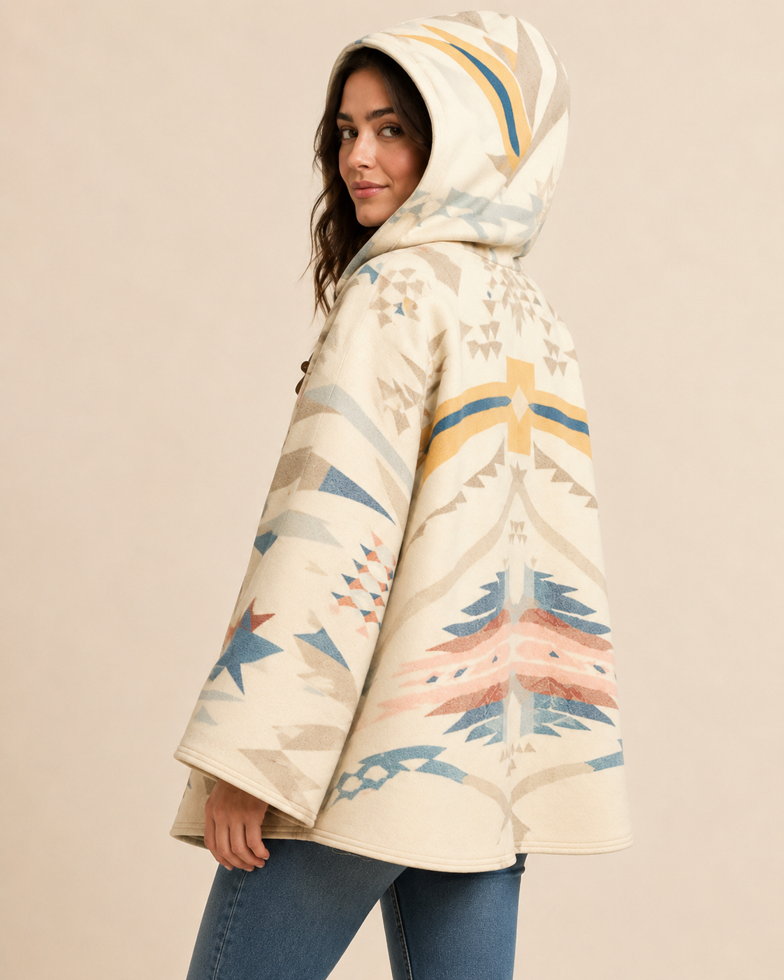 Back product view of the PinkyCoco Desert Bloom Geo women's wool blend artistic hooded cape