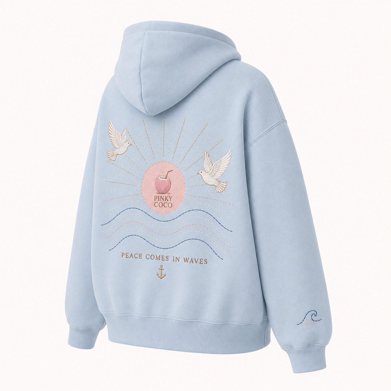 Back view of the PinkyCoco Dove Over Powder Tide oversized fleece hoodie