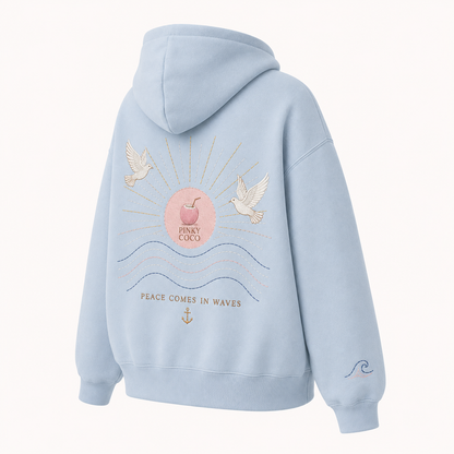 Back view of the PinkyCoco Dove Over Powder Tide oversized fleece hoodie
