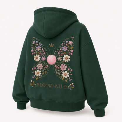 Back view of the PinkyCoco Emerald Wildflower Butterfly oversized fleece hoodie