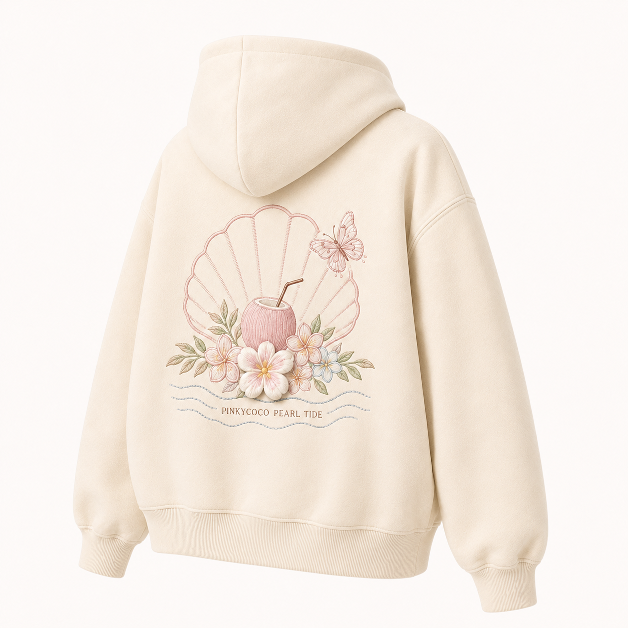 Back view of the PinkyCoco Lumeria Pearl Tide oversized fleece hoodie