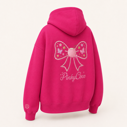 Back view of the PinkyCoco Magenta Bow Pop Garden oversized fleece hoodie