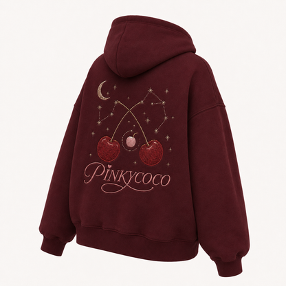 Back view of the PinkyCoco Maroon Cherry Constellation oversized fleece hoodie