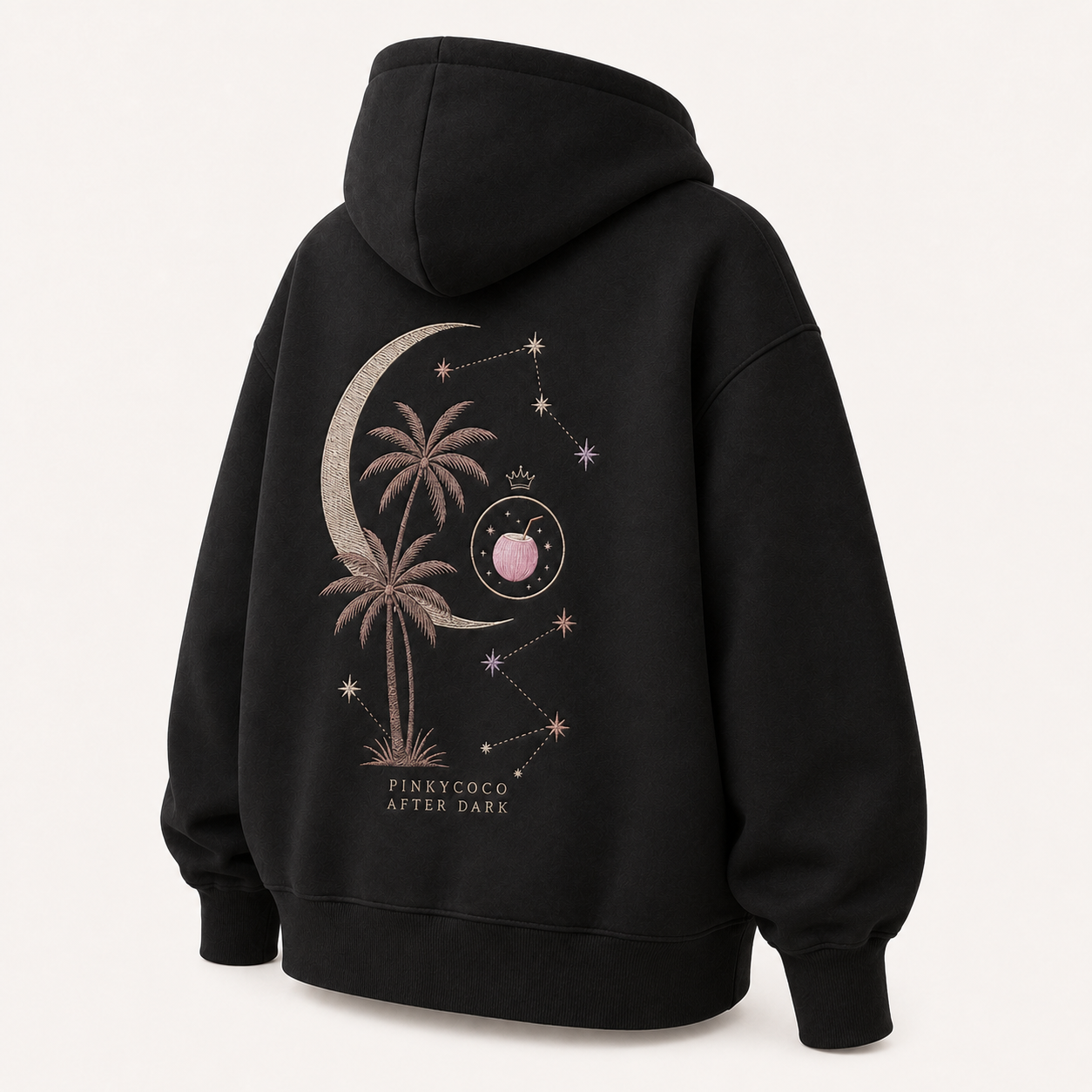 Back view of the PinkyCoco Midnight Palm Constellation oversized fleece hoodie