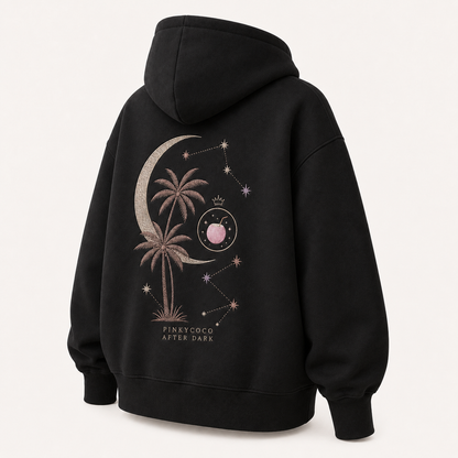 Back view of the PinkyCoco Midnight Palm Constellation oversized fleece hoodie
