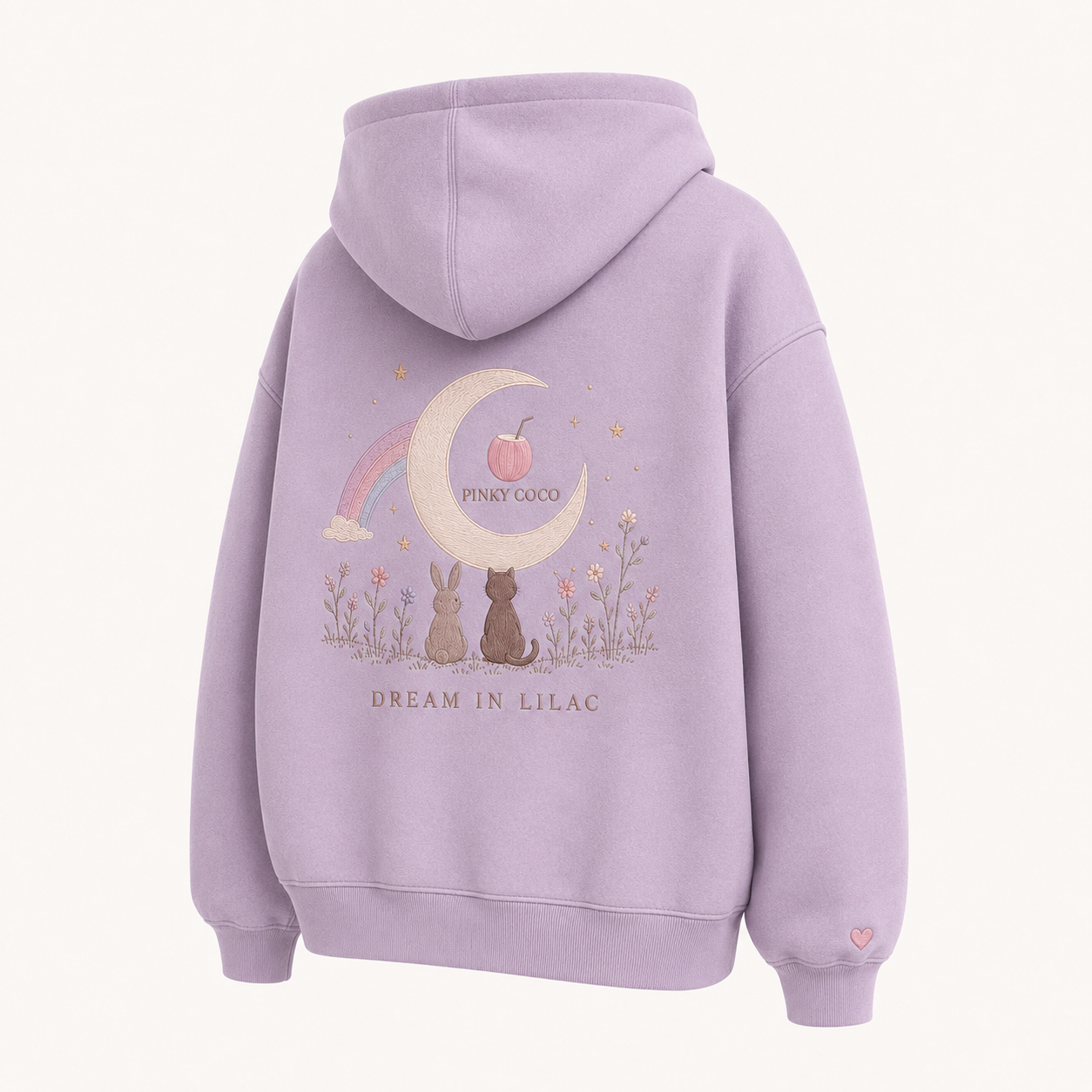 Back view of the PinkyCoco Moon Meadow Friends oversized fleece hoodie