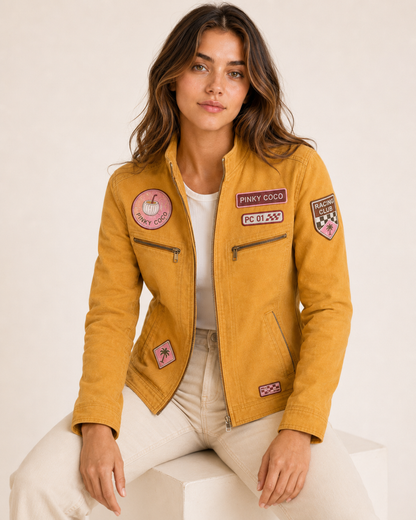 PinkyCoco Mustard Patch women's racing jacket, back view