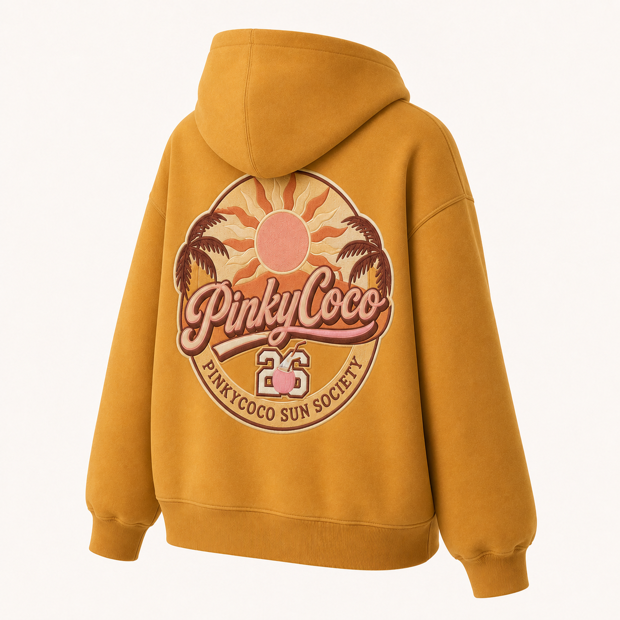 Back view of the PinkyCoco Mustard Retro Sun Society oversized fleece hoodie