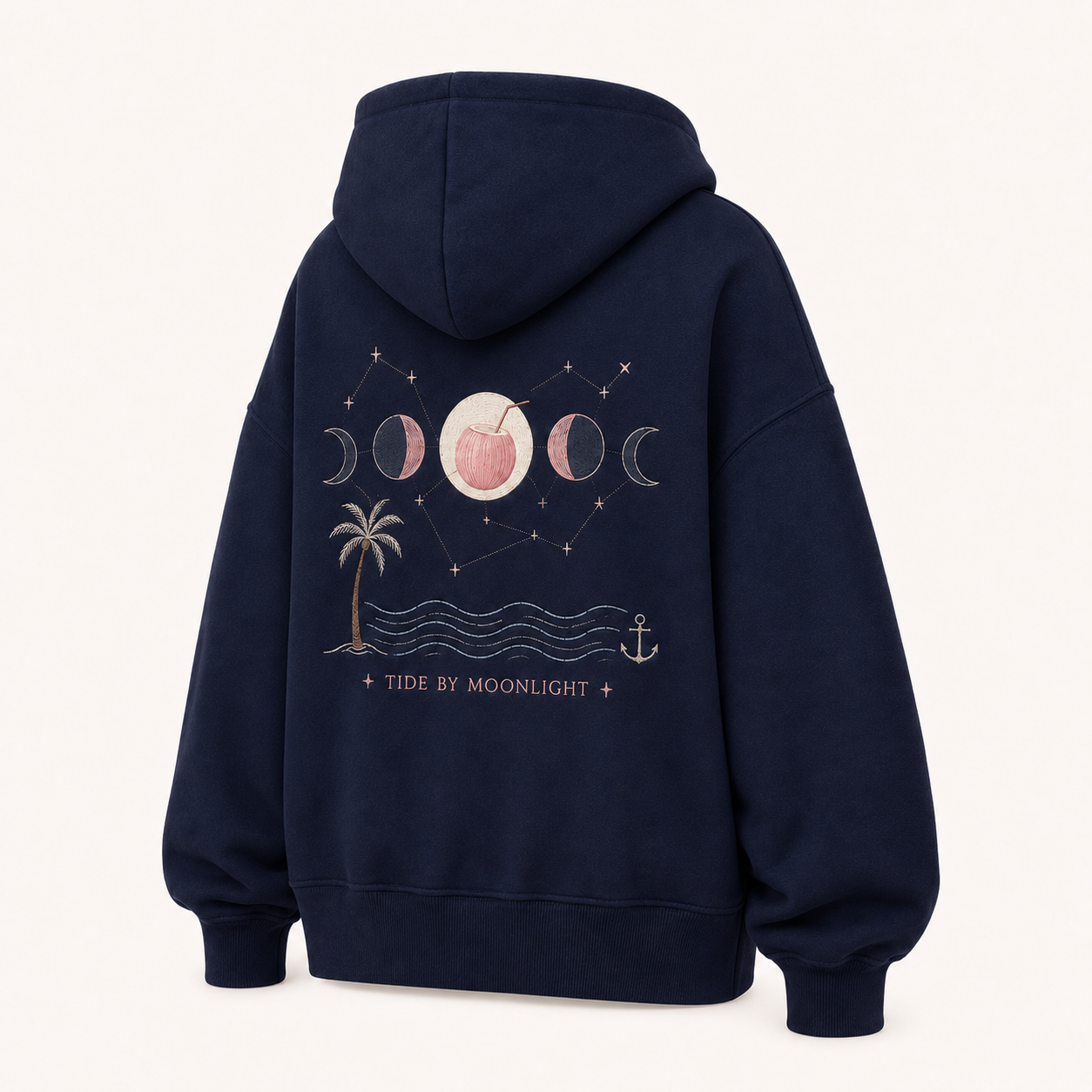 Back view of the PinkyCoco Navy Moon Tide Anchor oversized fleece hoodie