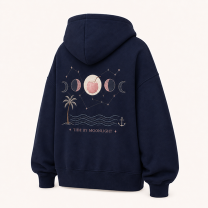Back view of the PinkyCoco Navy Moon Tide Anchor oversized fleece hoodie