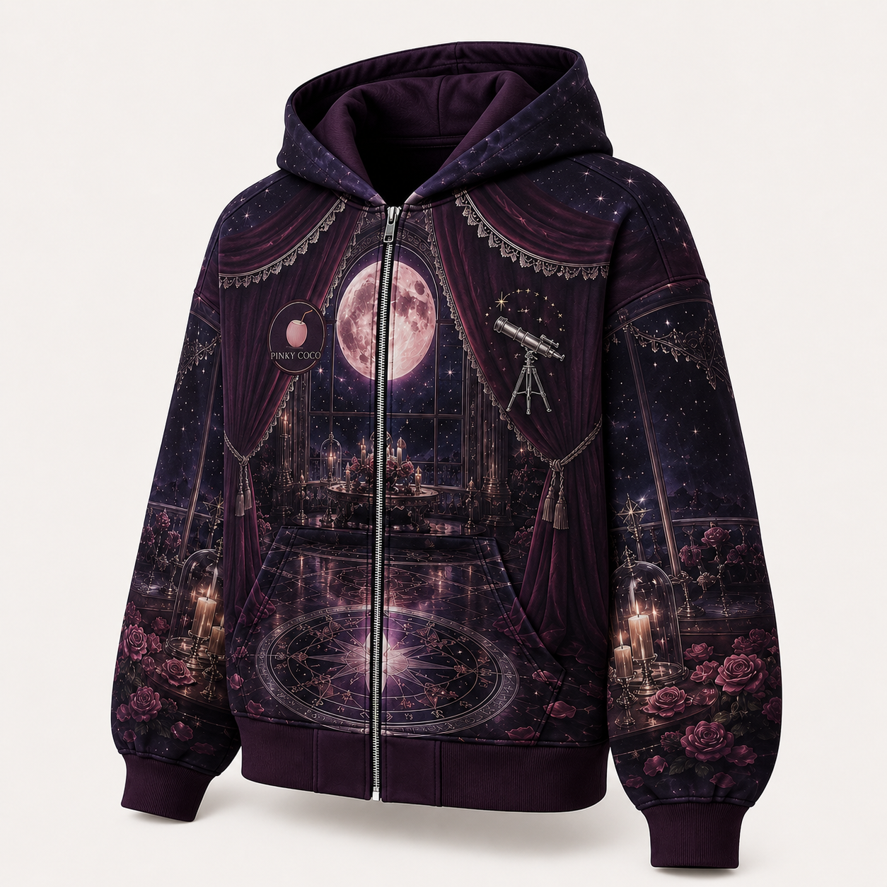 Back view of the PinkyCoco Observatory fleece zip hoodie