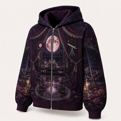 Back view of the PinkyCoco Observatory fleece zip hoodie