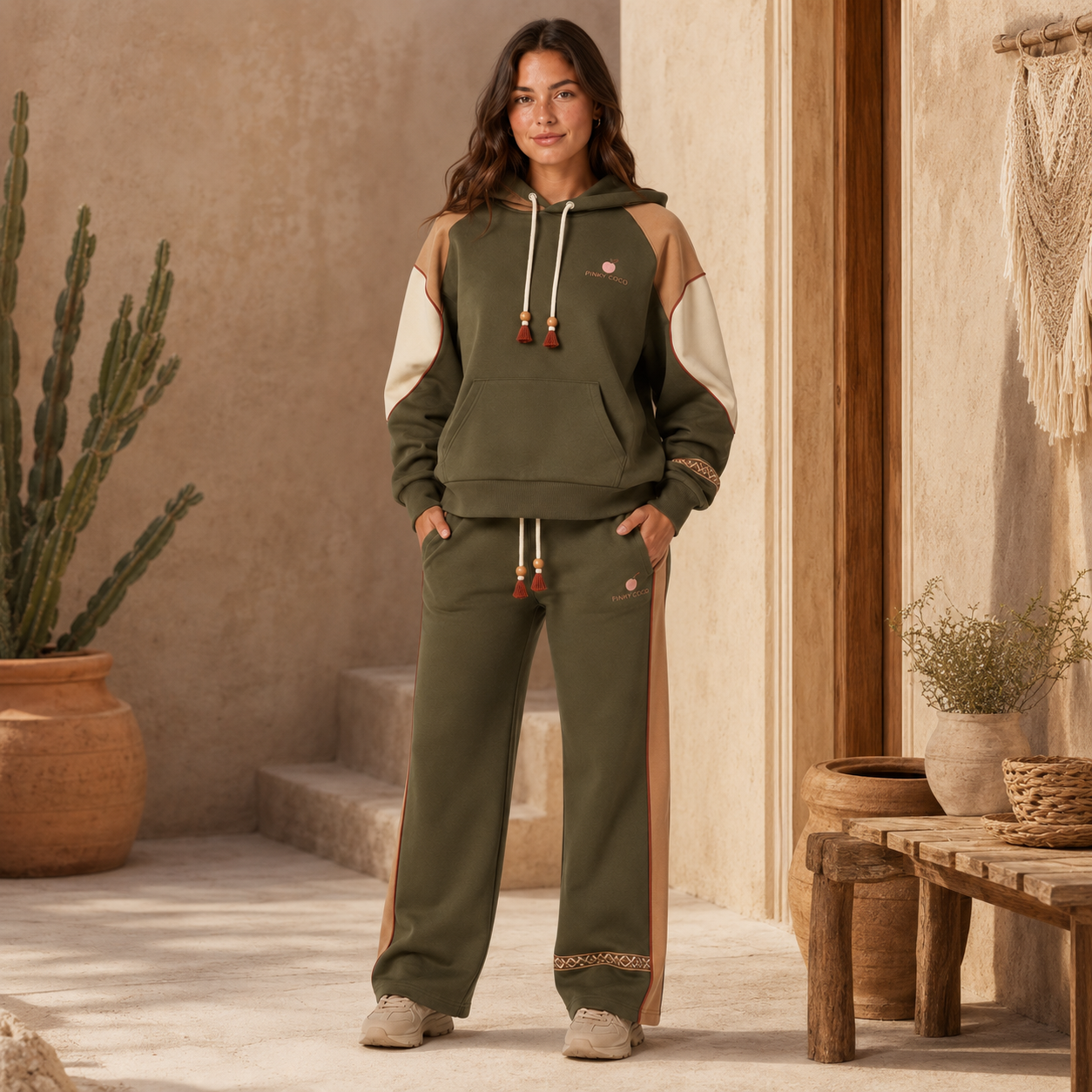 Back view of the PinkyCoco Olive Desert Trail hoodie and sweatpants