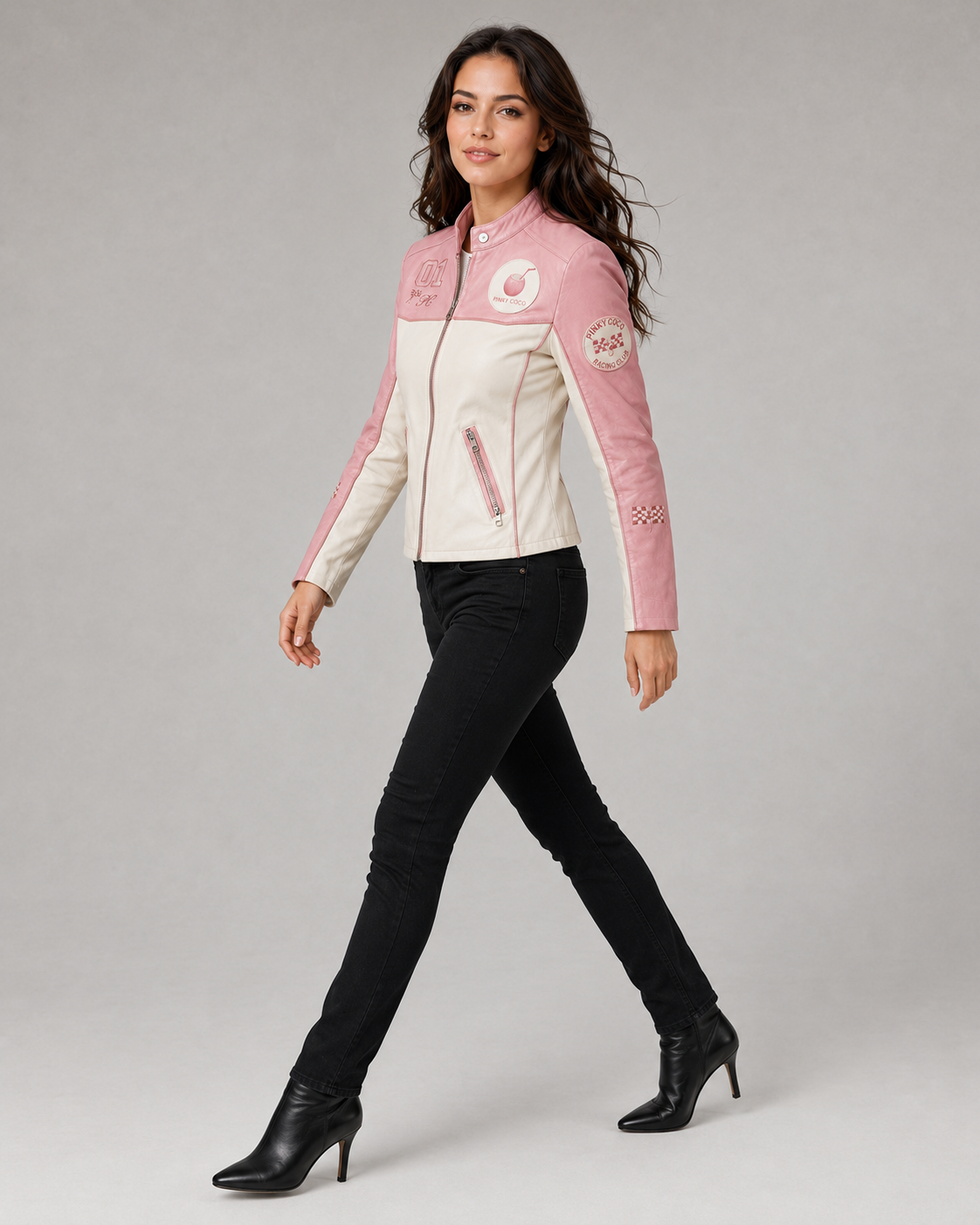 PinkyCoco Pink White women's racing jacket, back view