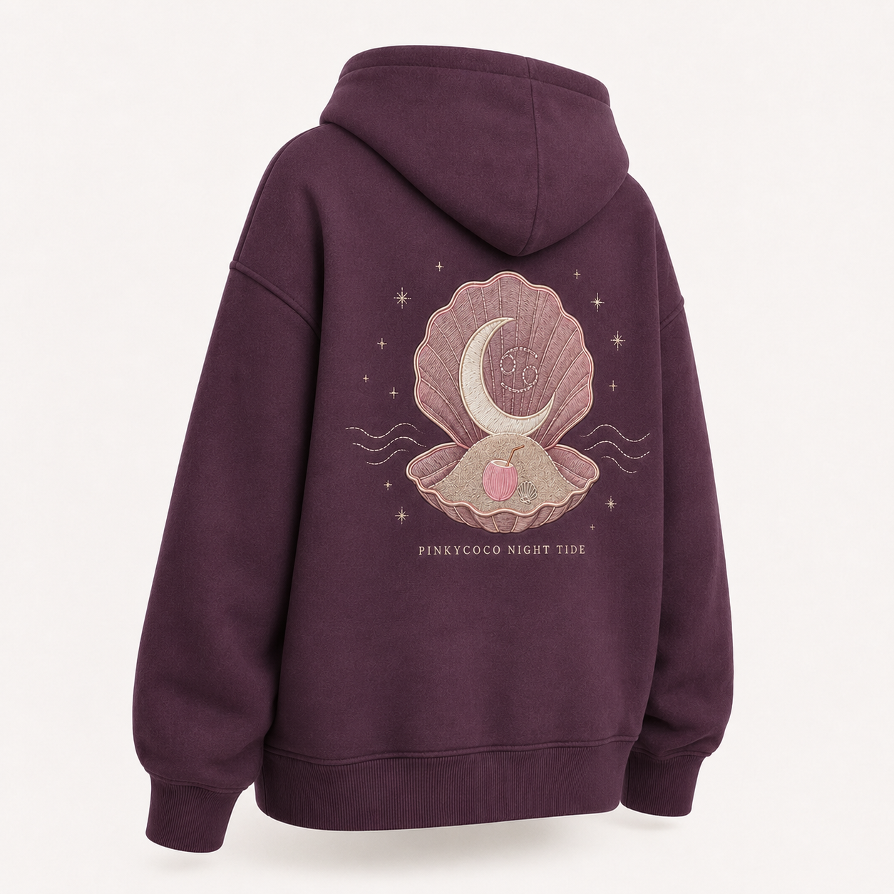 Back view of the PinkyCoco Plum Zodiac Shell Night oversized fleece hoodie