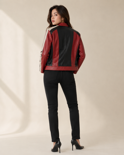 PinkyCoco Red Black Panel women's racing jacket, back view