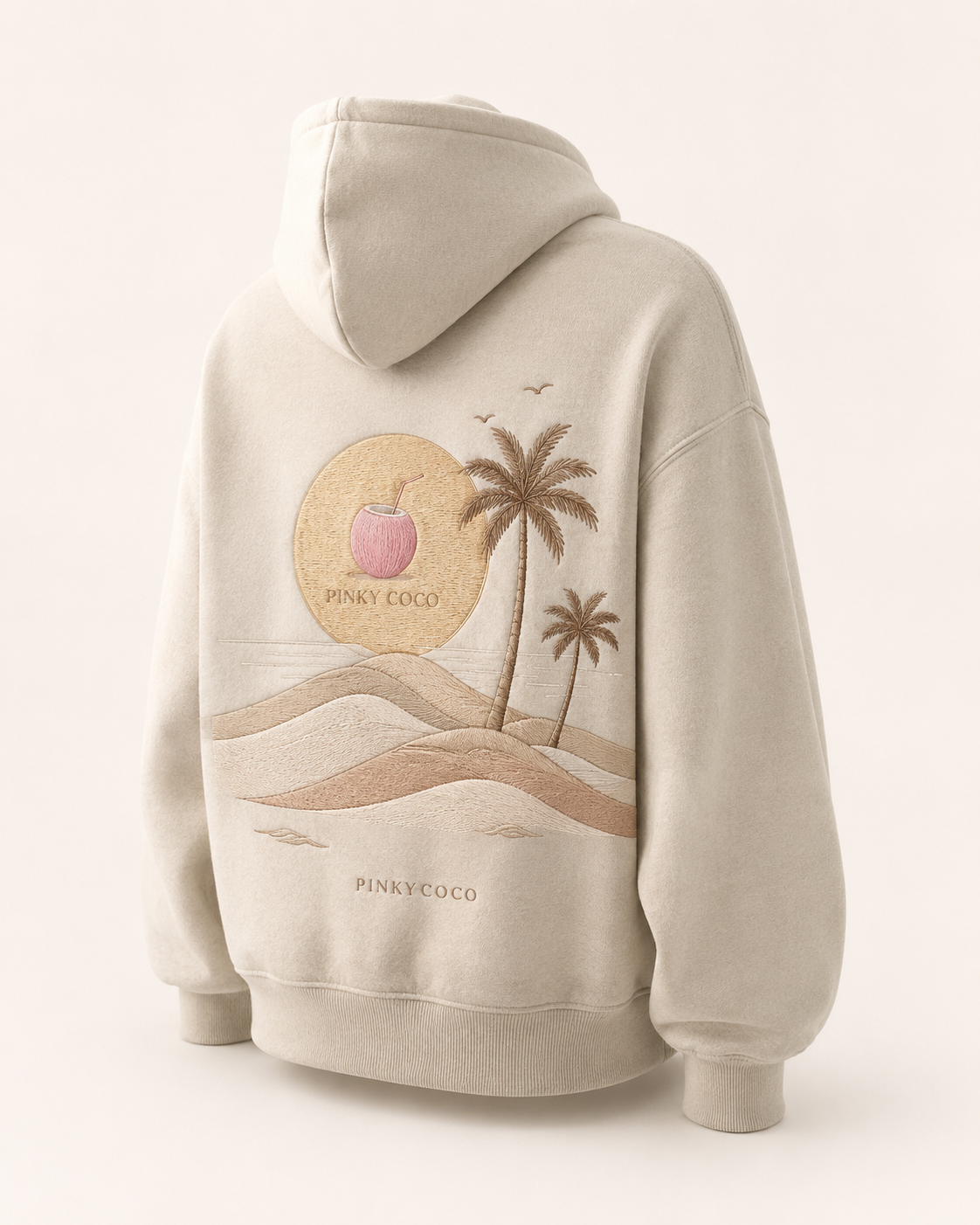Back view of the PinkyCoco Sand Sun And Coco oversized fleece hoodie
