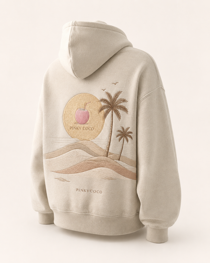 Back view of the PinkyCoco Sand Sun And Coco oversized fleece hoodie