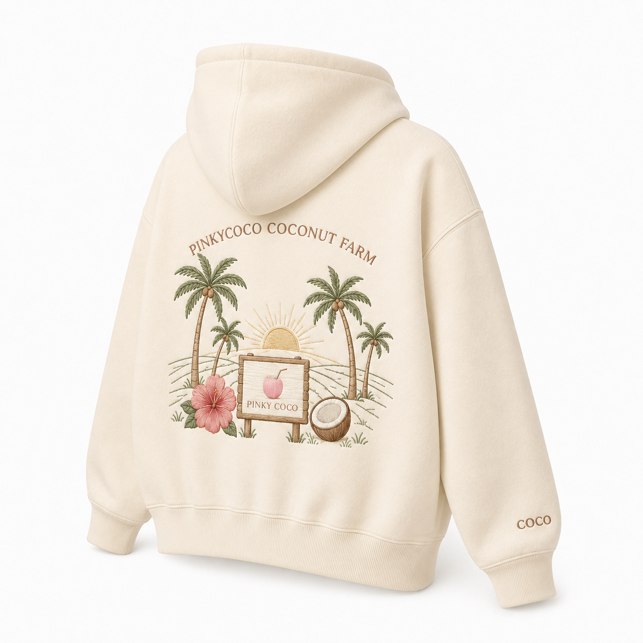 Back view of the PinkyCoco Signature Coconut Farm oversized fleece hoodie