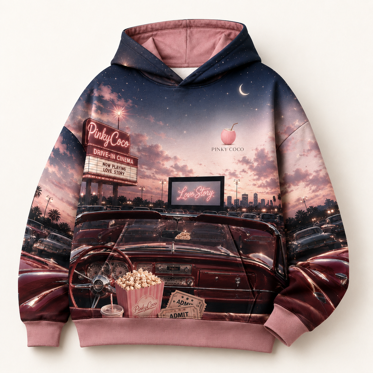 Back view of the PinkyCoco Starlet Drive In oversized fleece hoodie