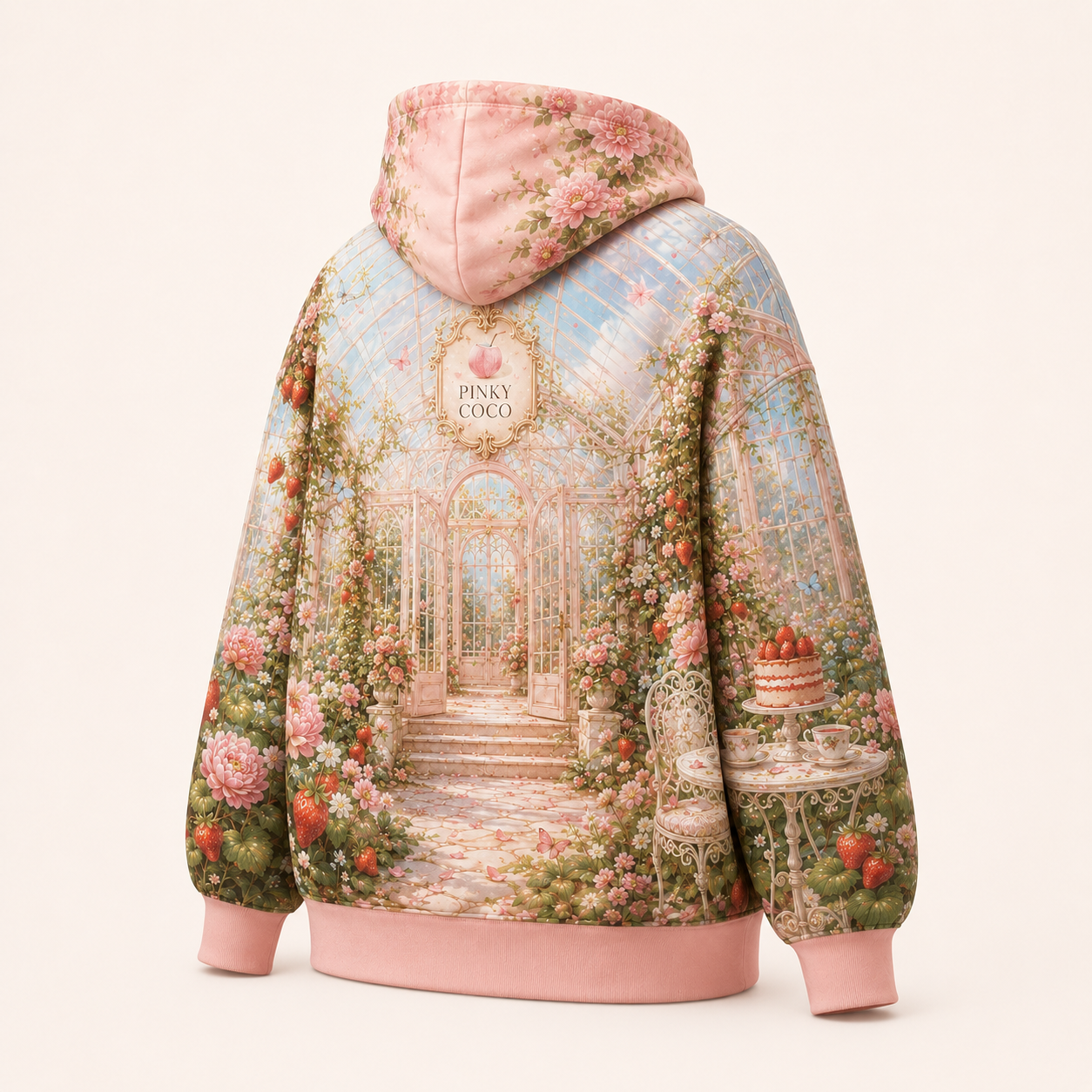 Back view of the PinkyCoco Strawberry Glasshouse oversized fleece hoodie