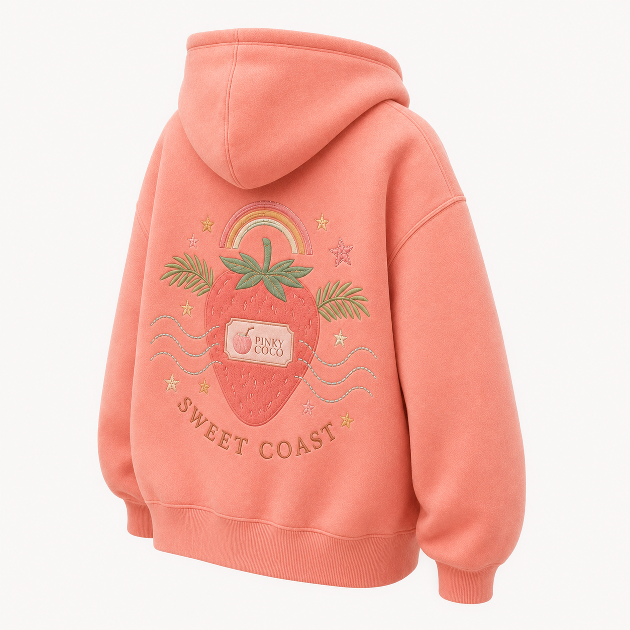Back view of the PinkyCoco Strawberry Rainbow Coast oversized fleece hoodie