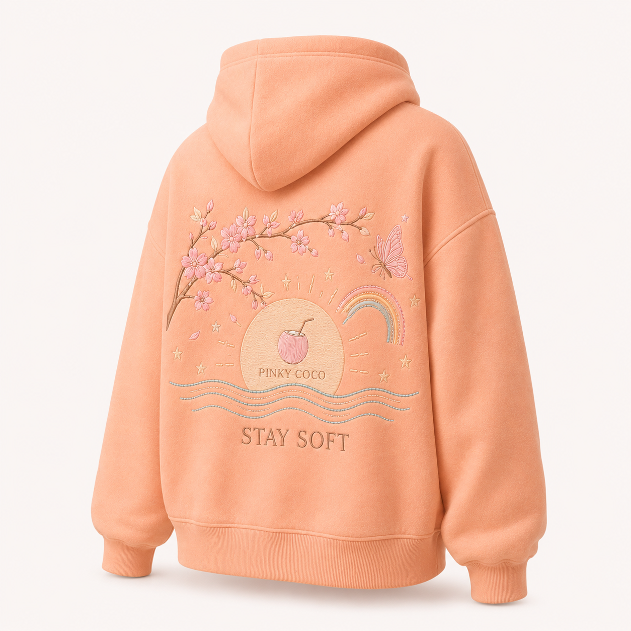 Back view of the PinkyCoco Sun Kissed Blossom Beach oversized fleece hoodie
