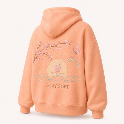 Back view of the PinkyCoco Sun Kissed Blossom Beach oversized fleece hoodie