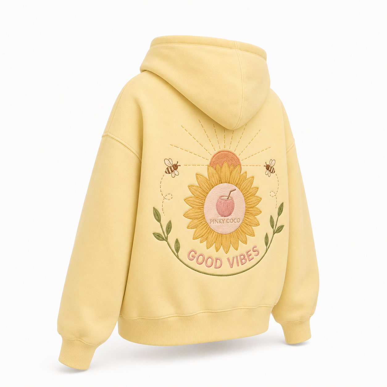 Back view of the PinkyCoco Sunflower Good Vibes Morning oversized fleece hoodie