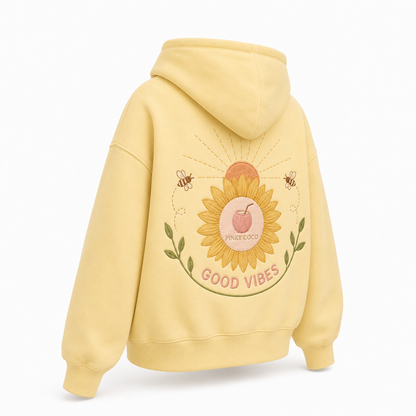 Back view of the PinkyCoco Sunflower Good Vibes Morning oversized fleece hoodie