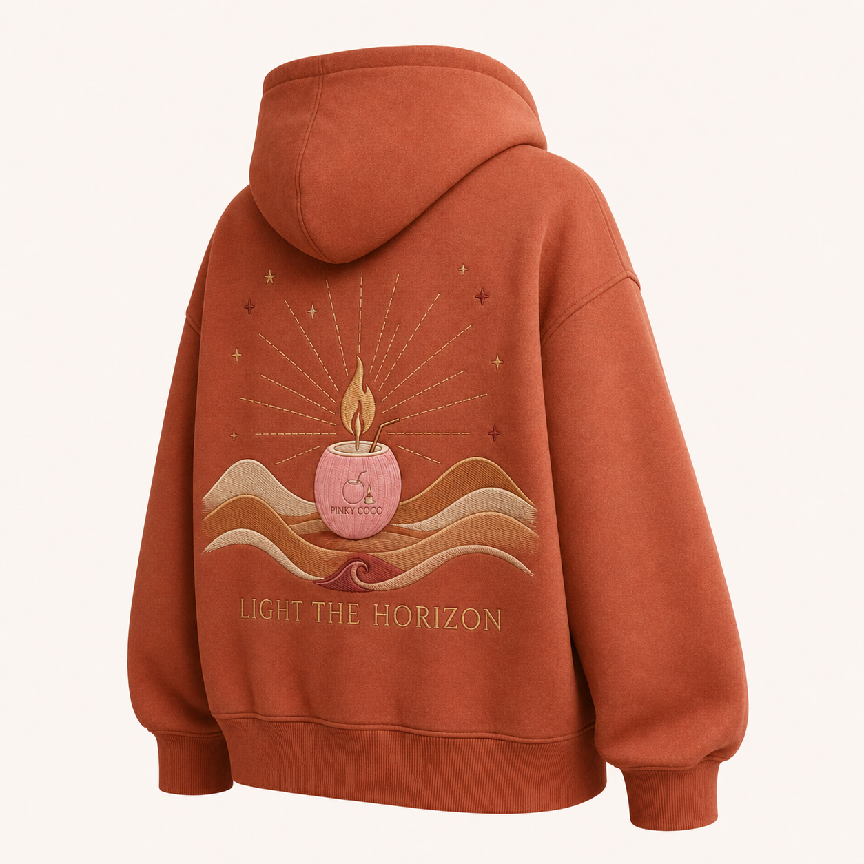 Back view of the PinkyCoco Terracotta Candle Sun Dunes oversized fleece hoodie