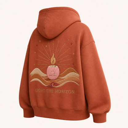 Back view of the PinkyCoco Terracotta Candle Sun Dunes oversized fleece hoodie