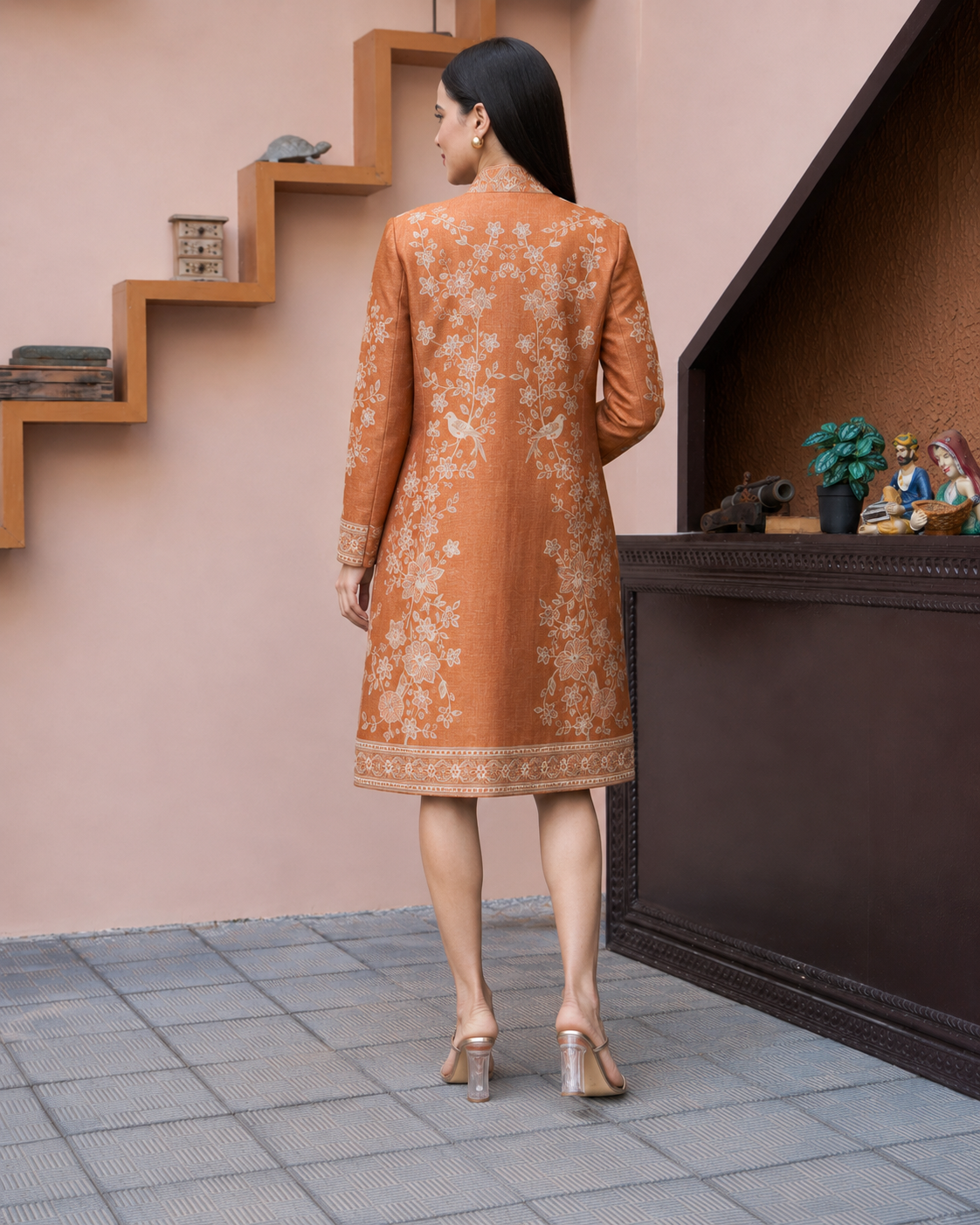 PinkyCoco Terracotta Floral Women's Statement Coat, back view