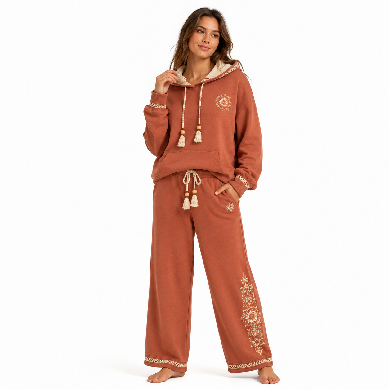 Back view of the PinkyCoco Terracotta Mandala Dream hoodie and sweatpants