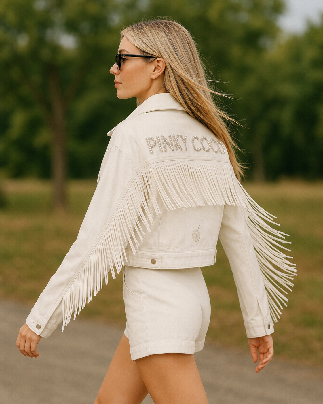 PinkyCoco White Fringe Women's Denim Jacket, back view