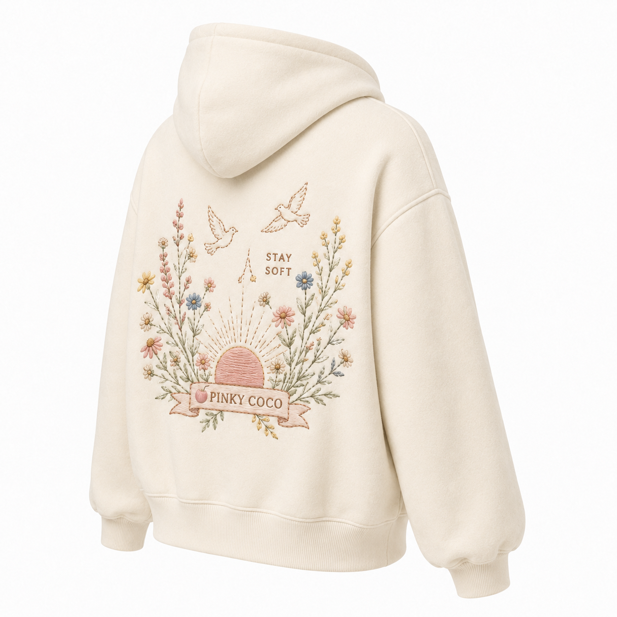 Back view of the PinkyCoco Wildflower Sunrise oversized fleece hoodie