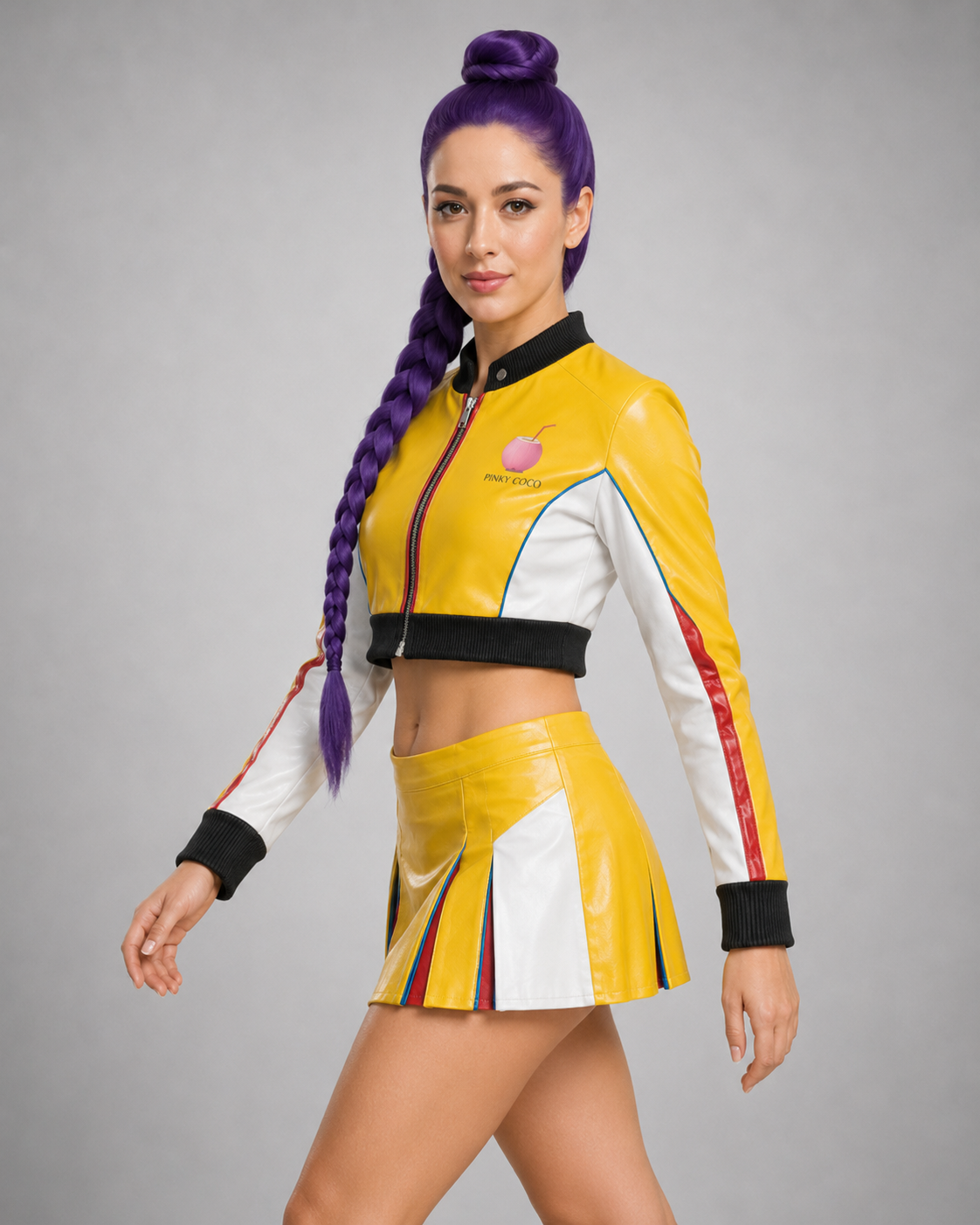 Back product view of the PinkyCoco Yellow Pop women's sheepskin leather racing jacket and skirt set