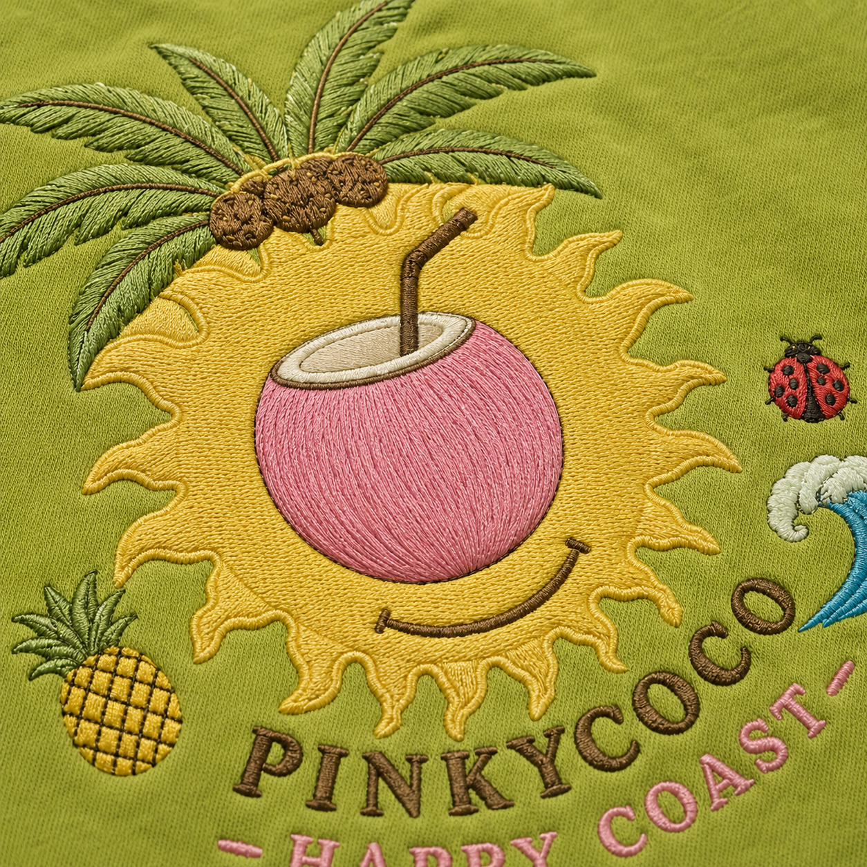 PinkyCoco Acid Palm Smiley women's graphic fleece hoodie model back view with tropical PinkyCoco artwork