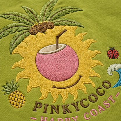 PinkyCoco Acid Palm Smiley women's graphic fleece hoodie model back view with tropical PinkyCoco artwork
