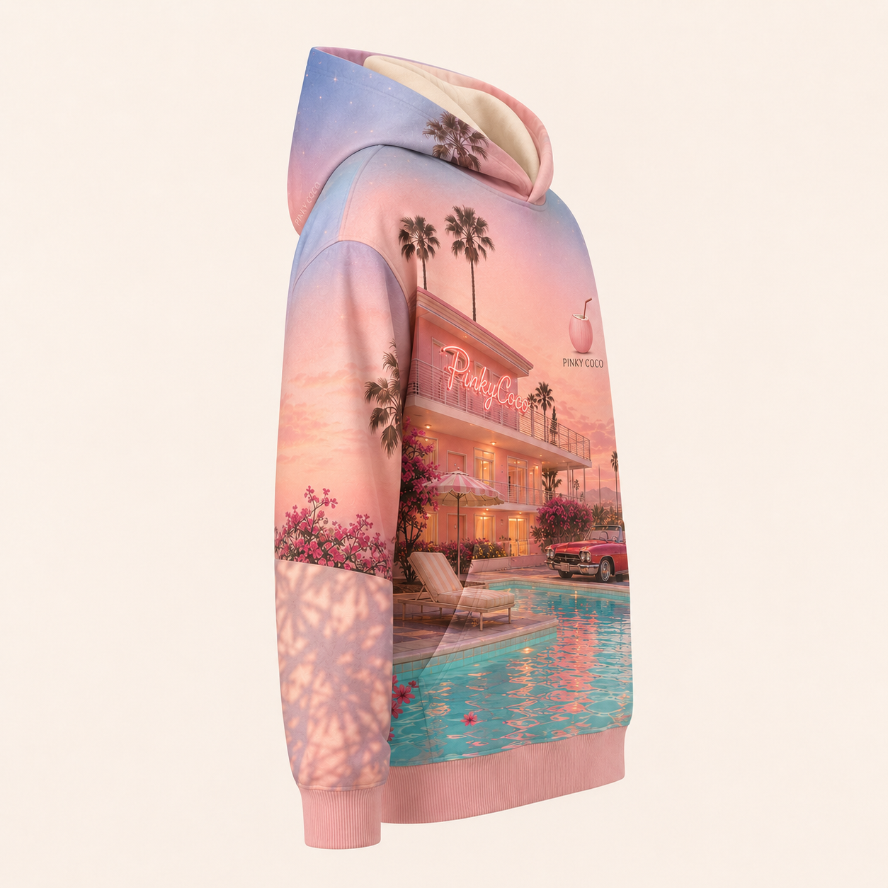 Model showing the back of the PinkyCoco Afterglow Motel hoodie