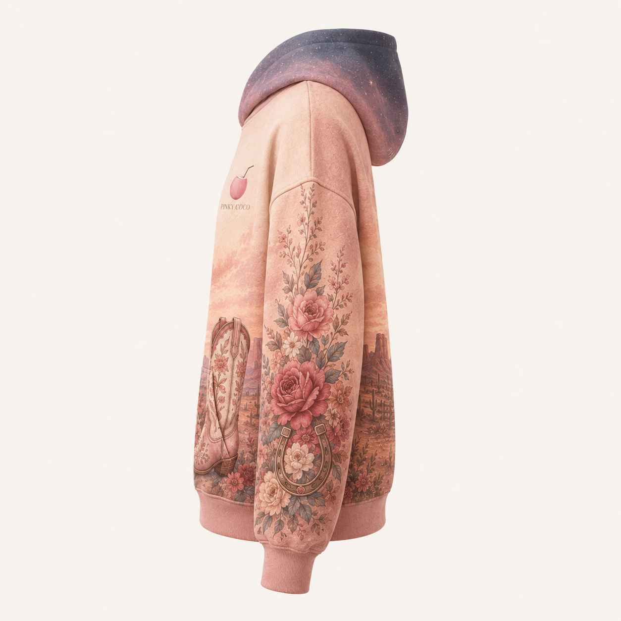 Model showing the back of the PinkyCoco American Sweetheart Rodeo hoodie