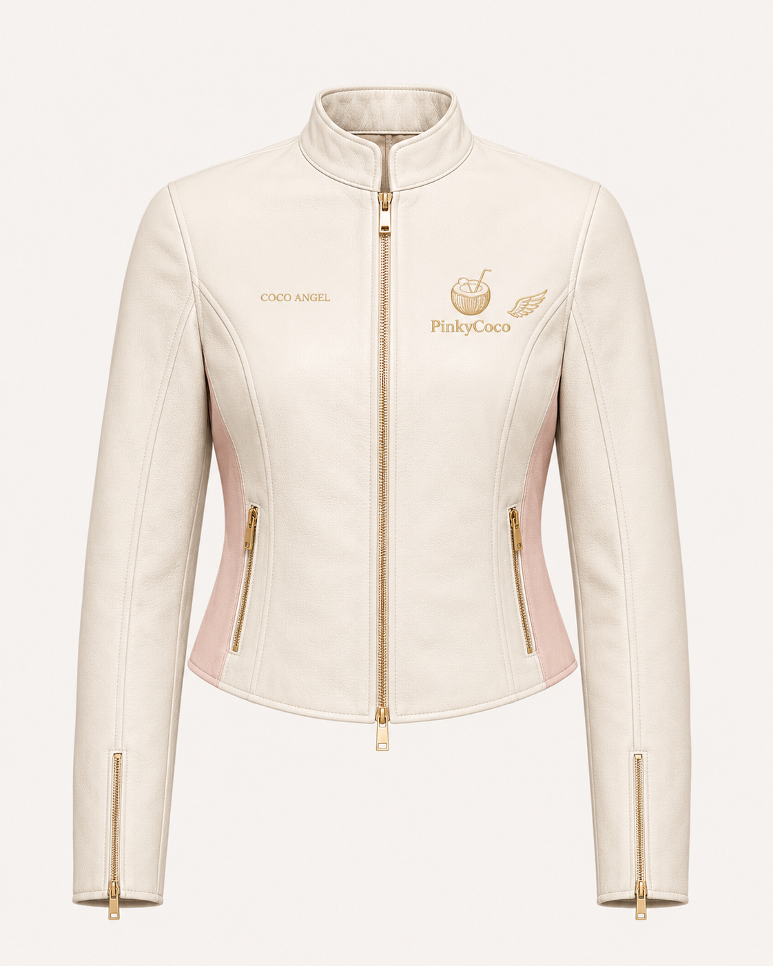 Model wearing PinkyCoco Angel Wing Pearl Women's Leather Fashion Jacket, back view