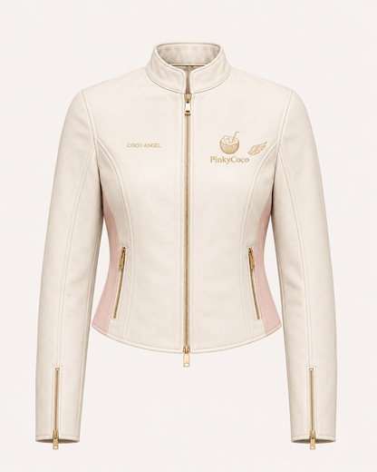 Model wearing PinkyCoco Angel Wing Pearl Women's Leather Fashion Jacket, back view