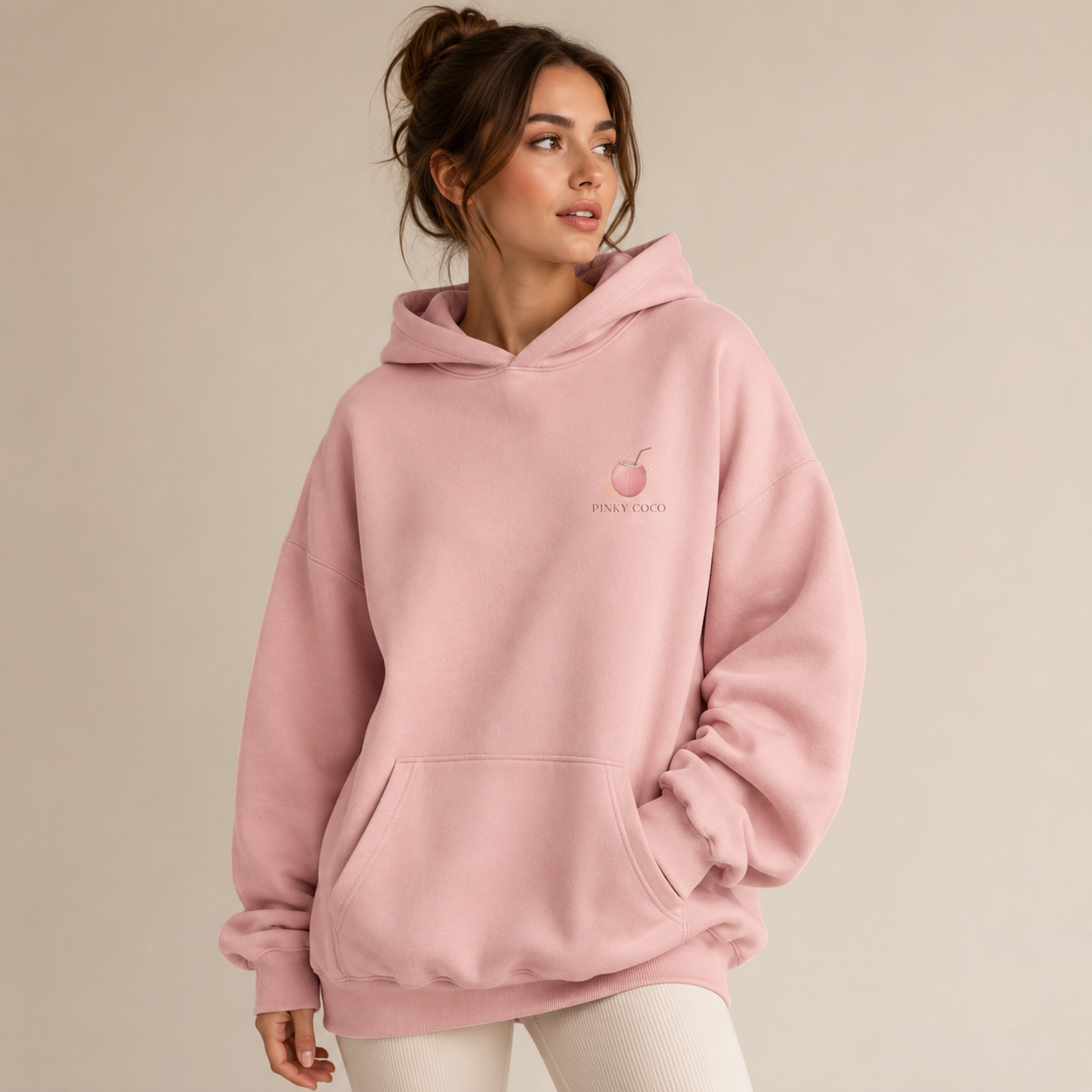 Model showing the back of the PinkyCoco Barefoot Golden Hour hoodie