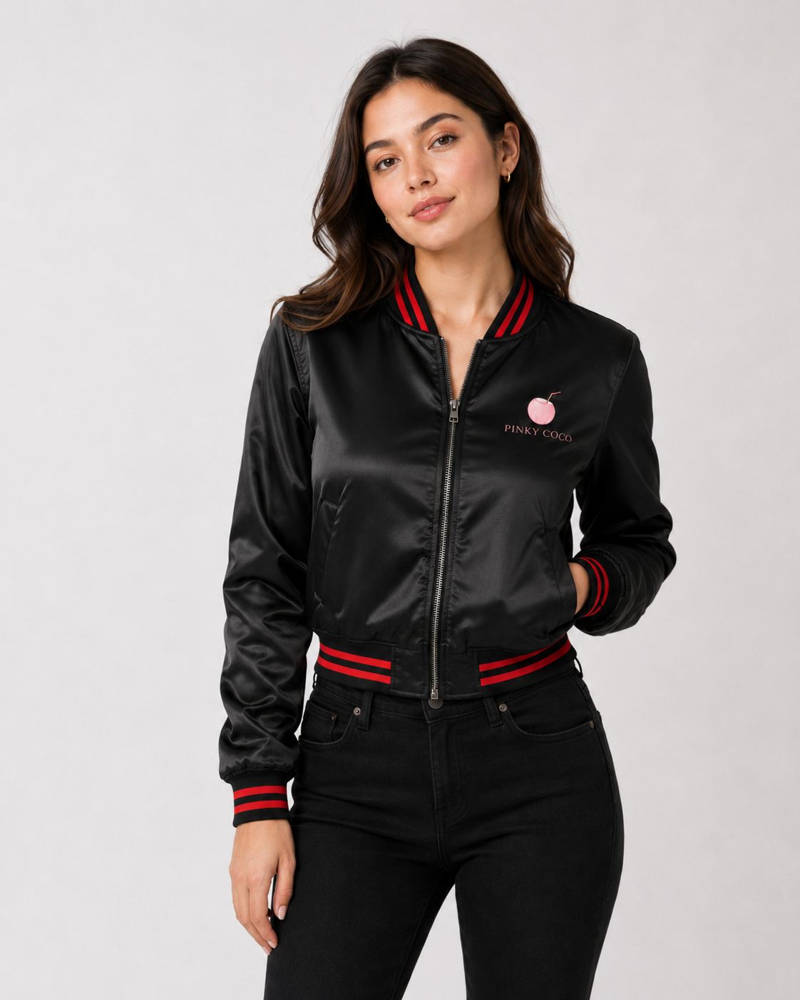 Model wearing PinkyCoco Black Red Coco Women's Satin Bomber Jacket, back view
