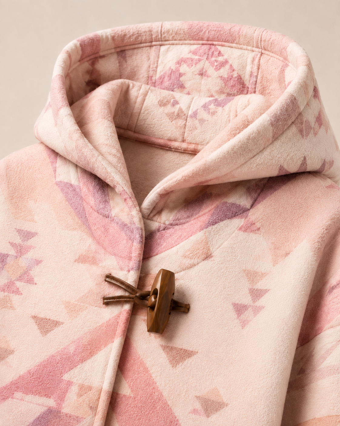 Model showing the back of the PinkyCoco Blush Desert Geo women's wool blend artistic hooded cape