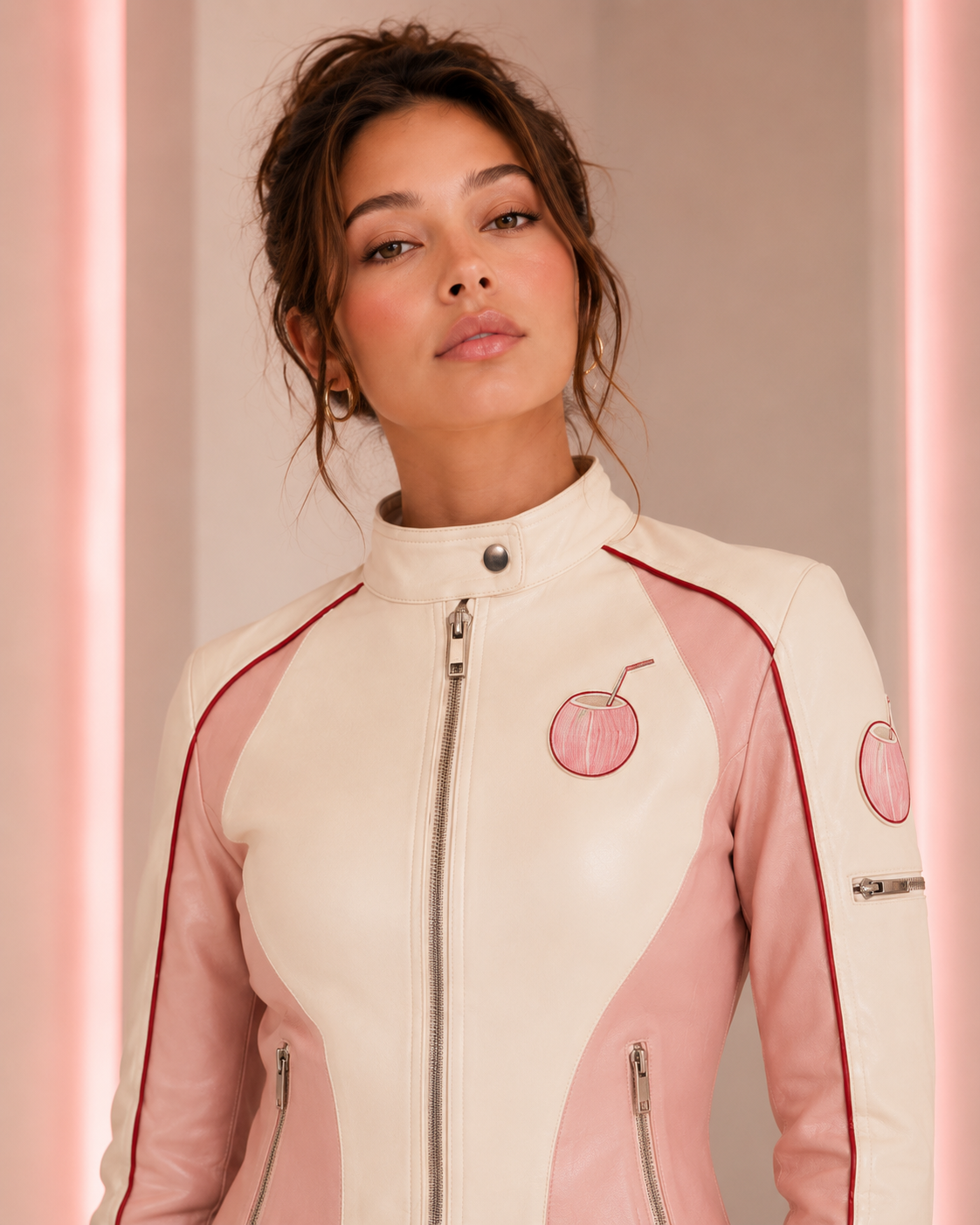 Model showing the back of the PinkyCoco Blush women's sheepskin leather racing jacket and skirt set