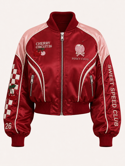 Model wearing the PinkyCoco Cherry Circuit women's satin racing jacket, back view