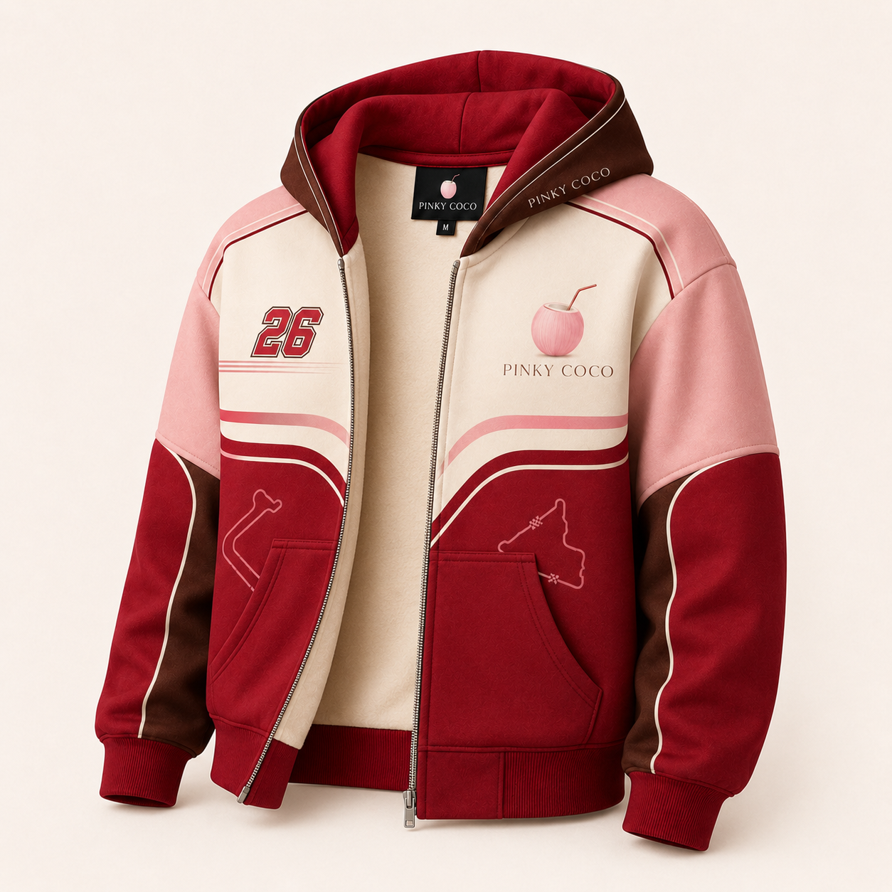 Model wearing the PinkyCoco Cherry Grand Prix women's racing hoodie, back view